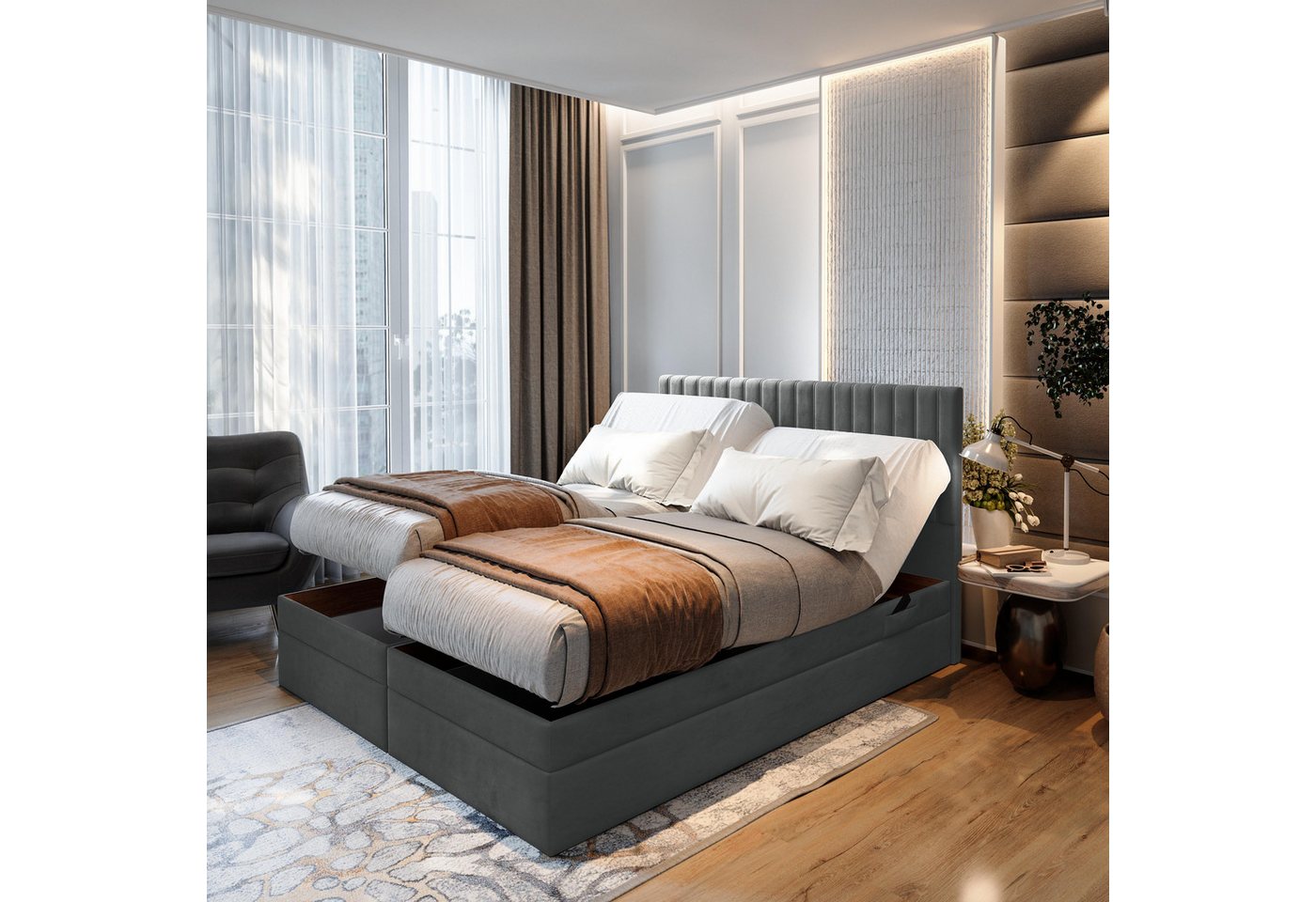 TRADA Boxspringbett ADELE mit Taschenmatratze & Topper 160x200 cm (Set, Bett (zwei Bettkasten) + Matratz + Topper), Elektrische Zahnstangenverstellung per Fernbedienung von TRADA