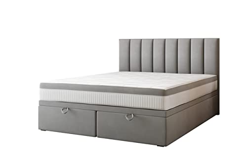 TRADA Boxspringbett Bond 140 x 200 mit Bettkästen mit 9-Zonen Taschenfederkernmatratze Grau Gasdruckfeder von TRADA