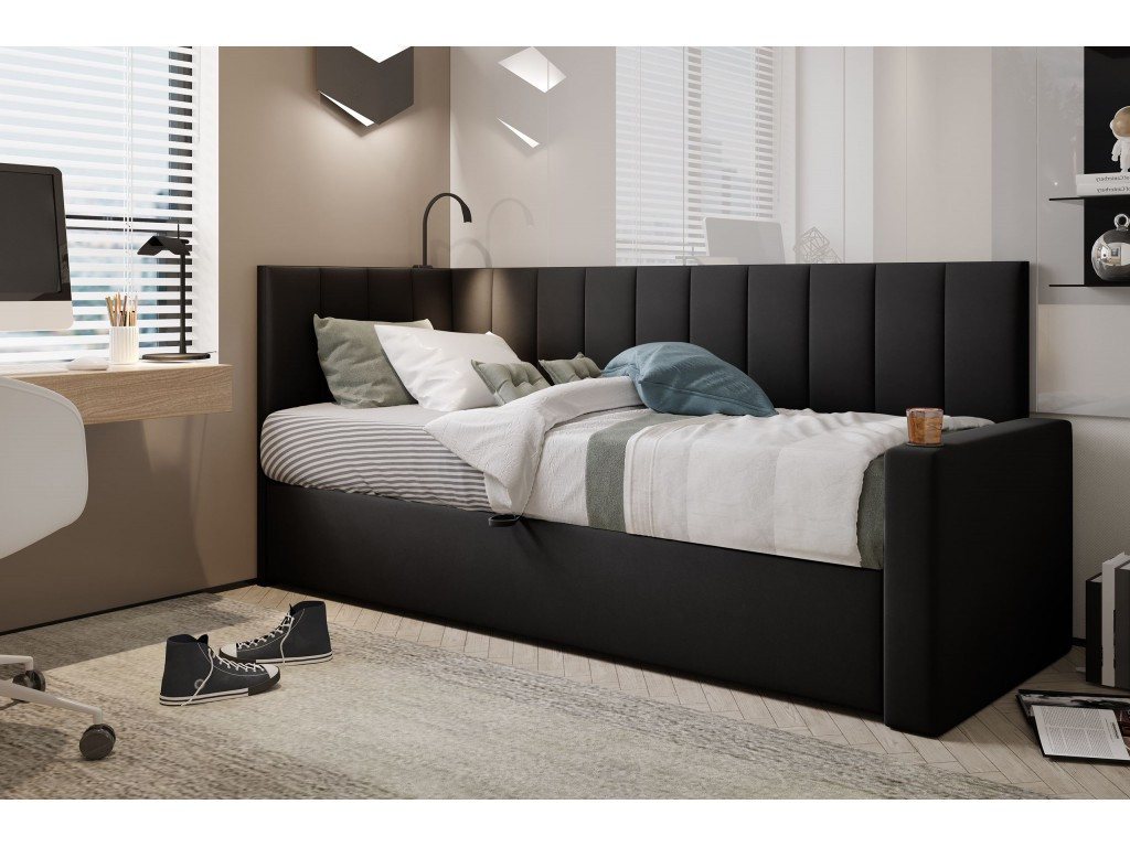 TRADA Boxspringbett TOKIO 80x200 - Bett mit Lampe, Getränkehalter, USB-C - Schwarz (Bett + Matratze), Mit seitlichem Bettkasten, Lampe, USB-C & Getränkehalter von TRADA