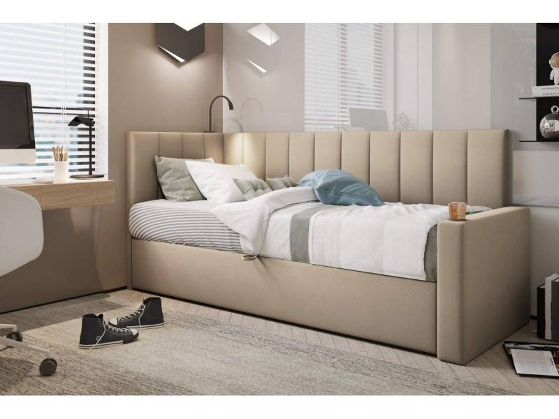 TRADA Boxspringbett TOKIO 90x200 - Bett mit Lampe, Getränkehalter, USB-C - Beige (Bett + Matratze), Mit seitlichem Bettkasten, Lampe, USB-C & Getränkehalter von TRADA