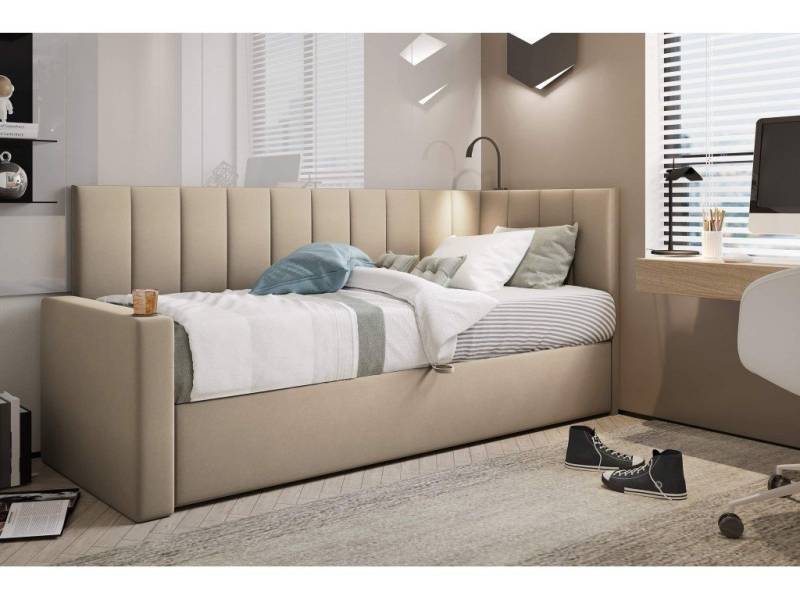 TRADA Boxspringbett TOKIO - Bett mit Lampe, Getränkehalter, USB-C (Bett + Matratze), Mit seitlichem Bettkasten, Lampe, USB-C & Getränkehalter von TRADA