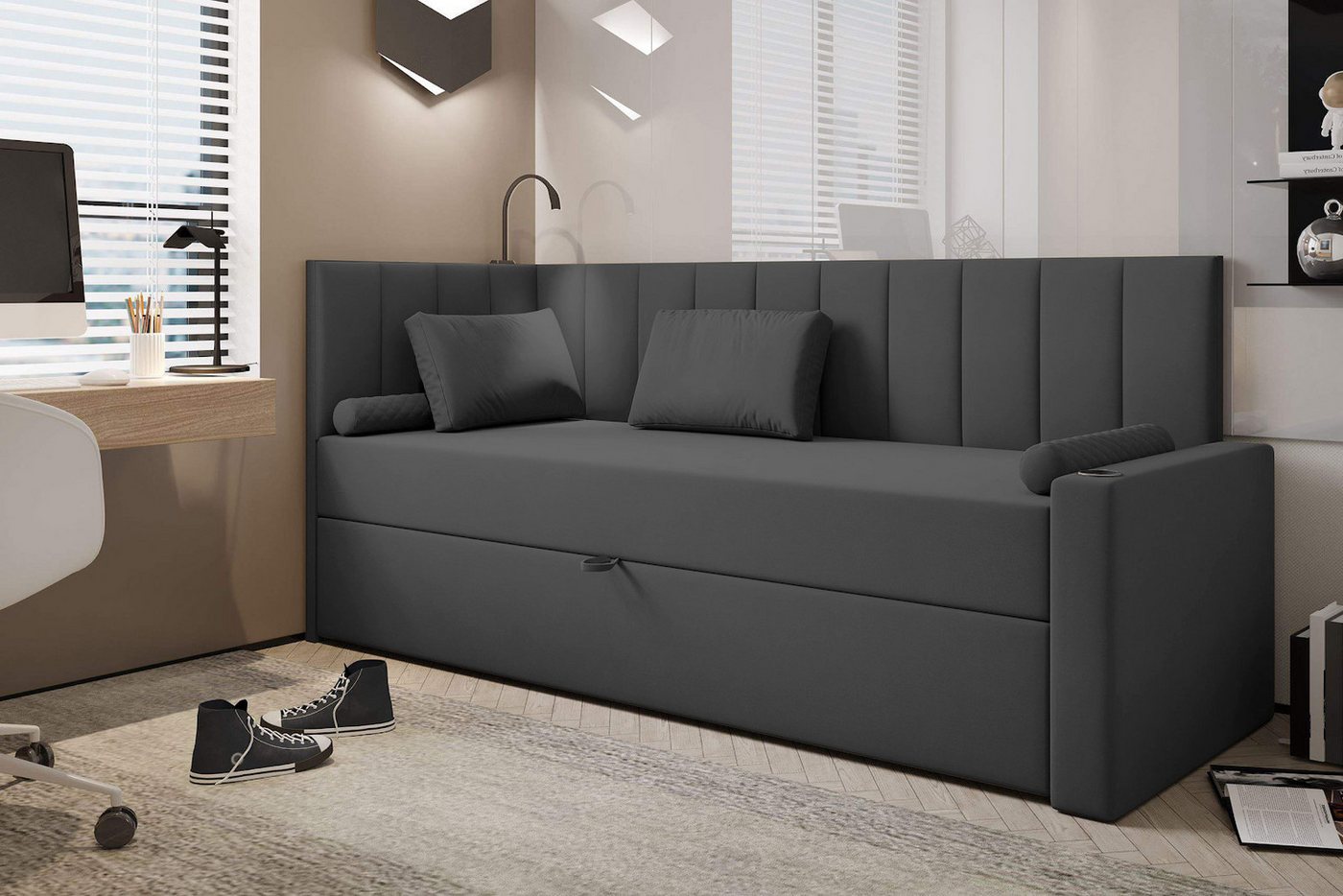 TRADA Boxspringbett TOKIO - Bett mit Lampe, Getränkehalter, USB-C (Bett + Matratze), Mit seitlichem Bettkasten, Lampe, USB-C & Getränkehalter von TRADA