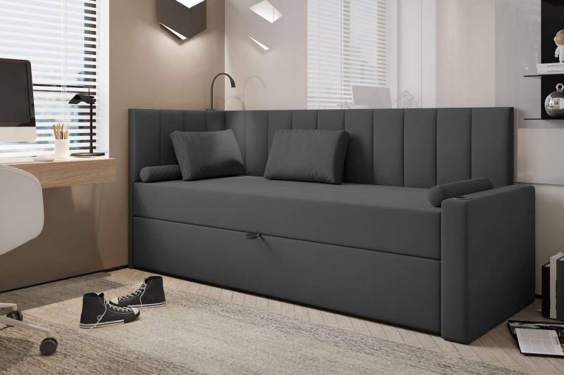 TRADA Boxspringbett TOKIO - Bett mit Lampe, Getränkehalter, USB-C (Bett + Matratze), Mit seitlichem Bettkasten, Lampe, USB-C & Getränkehalter von TRADA