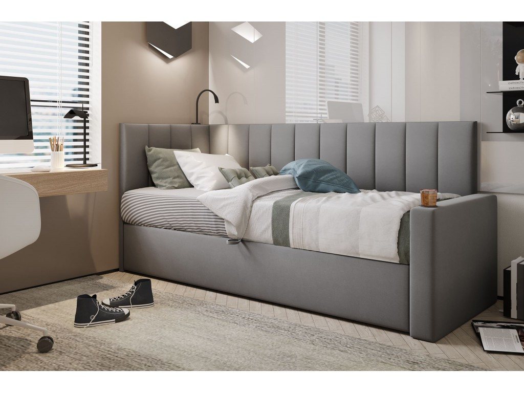 TRADA Boxspringbett TOKIO - Bett mit Lampe, Getränkehalter, USB-C (Bett + Matratze), Mit seitlichem Bettkasten, Lampe, USB-C & Getränkehalter von TRADA