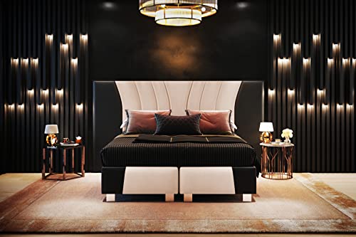 TRADA Imperial Boxspringbett Luxus Hotelbett in Schlafzimmer mit Matratze Lederbett (Schwarz Leder + Beige Velvet, 200 x 200 cm) von TRADA