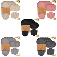 Trade Shop - Set von 16 stücke Körnung Strohgeschirr Geschirr Schüsseln Unzerbrechliche Platten Wiederverwendbar - von TRADE SHOP TRAESIO