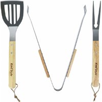 Trade Shop Traesio - Trade Shop - set 3 grillwerkzeuge gabel zange spatel stahlgriff holz - von TRADE SHOP TRAESIO
