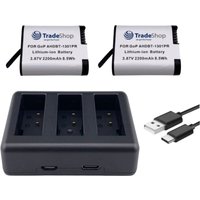 Trade-Shop 3in1 Set: 2x Akku (abgerundete Form) 2200mAh + USB-C LCD Triple Ladegerät für GoPro HERO13 Black, AHDBT-1301, AHDBT-1301PR, CPSS1B von TRADE-SHOP