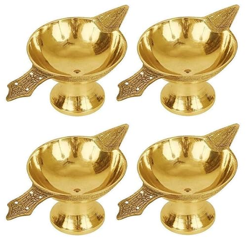 TRAFAART Aarti Diya Lampe Mit Dochte Aus Baumwolle Handgefertigt Traditionell Messing Diya Setzen Von 4 Pcs Indisch Öl Lampe Diwali Geschenk Setzen von TRAFAART