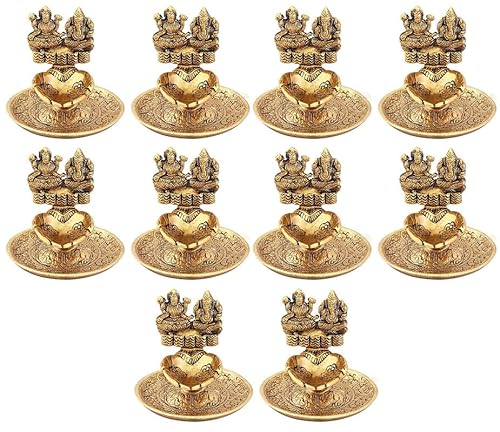 TRAFAART Diwali Diya Packung Von 10 Pcs Lord Laxmi Ganesh Hand Diya Indisch Öl Lampe Vilakku Für Pooja Aarti Gott Idol Sitzend On Hand von TRAFAART