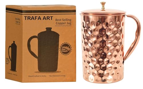 TRAFAART Handgemachte Reine Kupfer Krug mit Deckel 1500 ML/50, 7 Fl Oz Traditionelle Diamant Cut Wasser Krug für Trinken von TRAFAART
