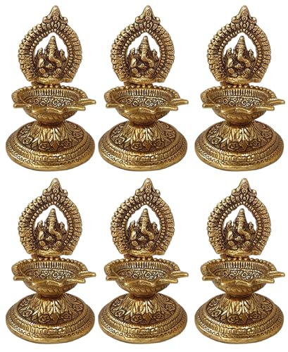 TRAFAART Indisch Diya Setzen Von 6 Pcs Handgefertigt Lord Ganesh ji Statue Mit Diya Ganpati Idol Diya Stand Für Diwali Pooja von TRAFAART
