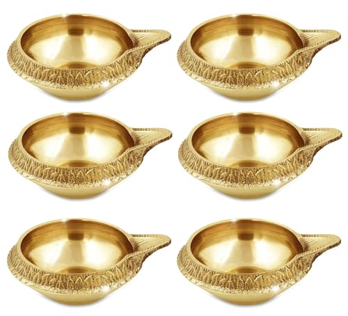 TRAFAART Messing Öl Lampes Setzen Von 6 Pcs Indisch Kuber Diya Mit Dochte Aus Baumwolle Handgefertigt Traditionell Vilakku Für Pooja von TRAFAART