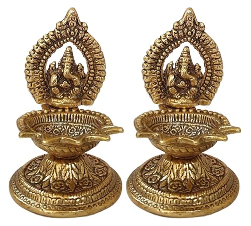 TRAFAART Packung Von 2 Pcs Indisch Diya Handgefertigt Lord Ganesh ji Statue Mit Diya Für Pooja Ganpati Idol Diya Stand Für Diwali von TRAFAART