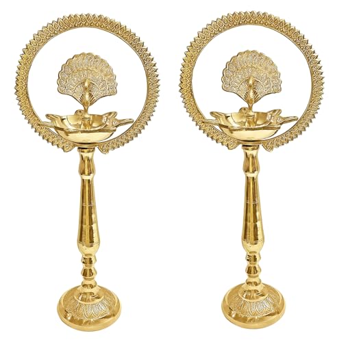 TRAFAART Setzen Von 2 Pcs Kerala Samai Mit Dochte Aus Baumwolle Pfau Diya Kuthu Vilakku Für Pooja Indisch Öl Lampe Diwali Diya Mit Stand von TRAFAART