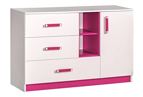 Furniture24 Kommode Sideboard TRAFIKO 07 mit 3 Schubladen und 1 Tür (Weiß/Rosa) von Furniture24