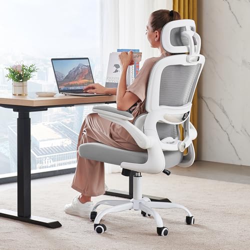 TRALT Bürostuhl Schreibtischstühle Mesh Computer Schreibtischstuhl mit Rollen Ergonomischer Bürostuhl Höhenverstellbar Drehstuhl Arbeitsstuhl (Schwarz) (Kopfkissen, Hellgrau) von TRALT