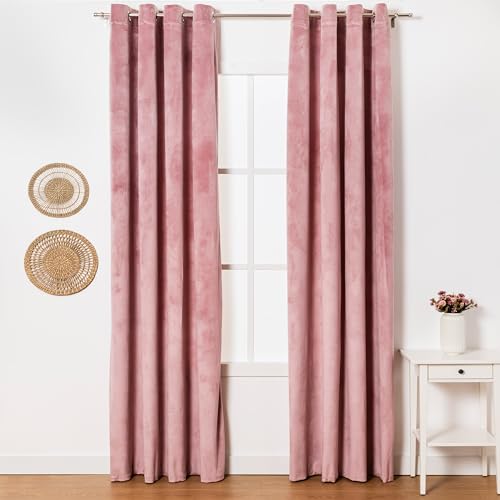 TRAMAS+ Vorhänge aus Samt Sonnenschutz und Lichtschutz für Fenster Wohnzimmer Schlafzimmer 260x140 cm (HöhexBreite) 2er Set | Blassrosa von TRAMAS+