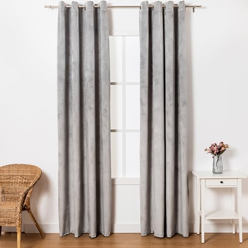 TRAMAS+ Vorhänge aus Samt Sonnenschutz und Lichtschutz für Fenster Wohnzimmer Schlafzimmer 260x140 cm (HöhexBreite) 2er Set | Grau von TRAMAS+