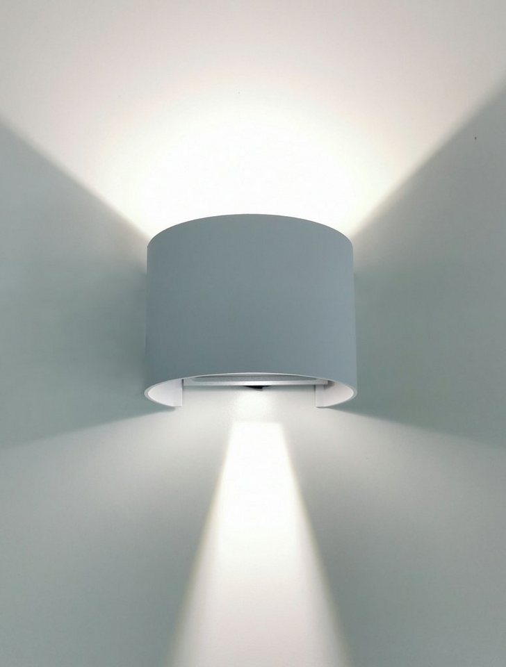 TRANGO LED Außen-Wandleuchte, 3035-04TF IP44 Up & Down Wandstrahler in Silber Rund inkl. 1x 7 Watt 4000K Neutralweiß LED Modul *FLEX* mit einstellbar Abstrahlwinkel, innen & außen Leuchte, Außenstrahler, Wandleuchte von TRANGO