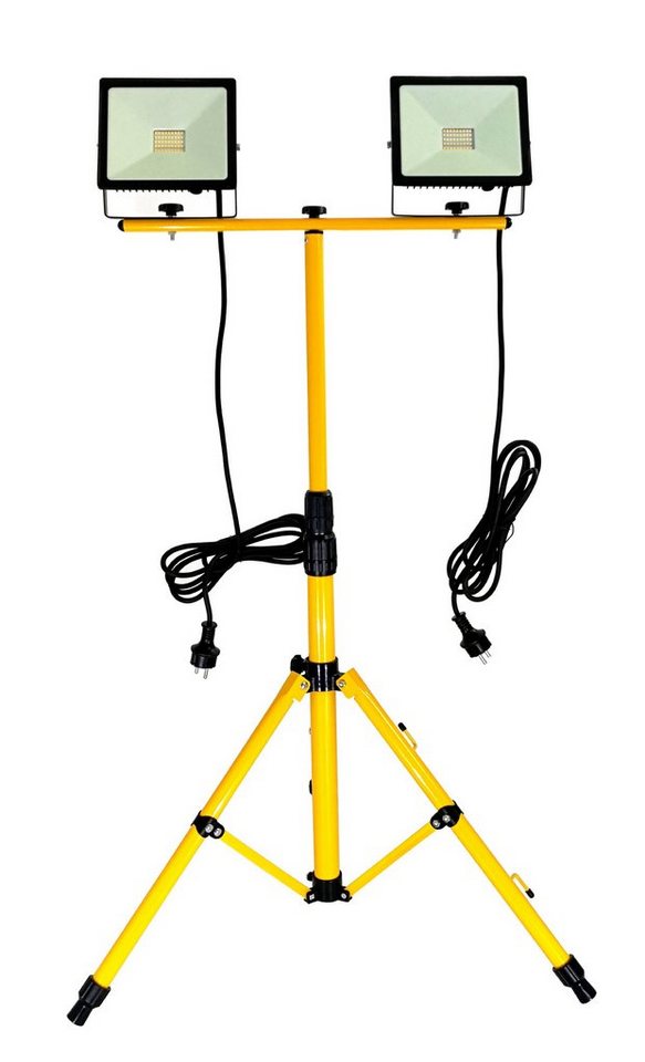TRANGO LED Baustrahler, 2x 30 Watt G1504-303 LED Strahler I Arbeitstrahler mit Teleskop Stativ *WORK* Baustrahler in Gelb I 2700K warm-weiß I höhenverstellbar von 66-170 cm I 3m Kabel, zusammenklappbar I 3 Standfüße I Stahl von TRANGO