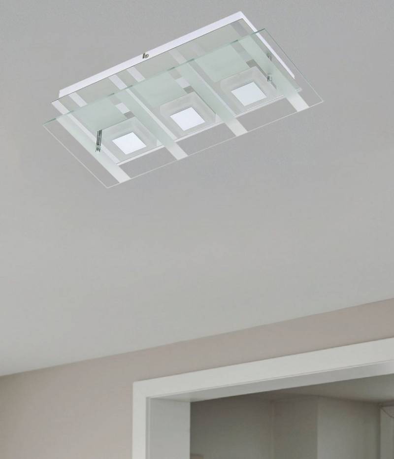 TRANGO LED Deckenleuchte, 3568-038 modern Design 3 Flammen LED-Deckenleuchte *LAVA* Deckenlampe 3x 5 Watt LED Modul 3000K warmweiß – Chrom Deckenstrahler mit 3x Acryl & Glaslampenschirm, Flurlampe – Badlampe – Wandlampe von TRANGO