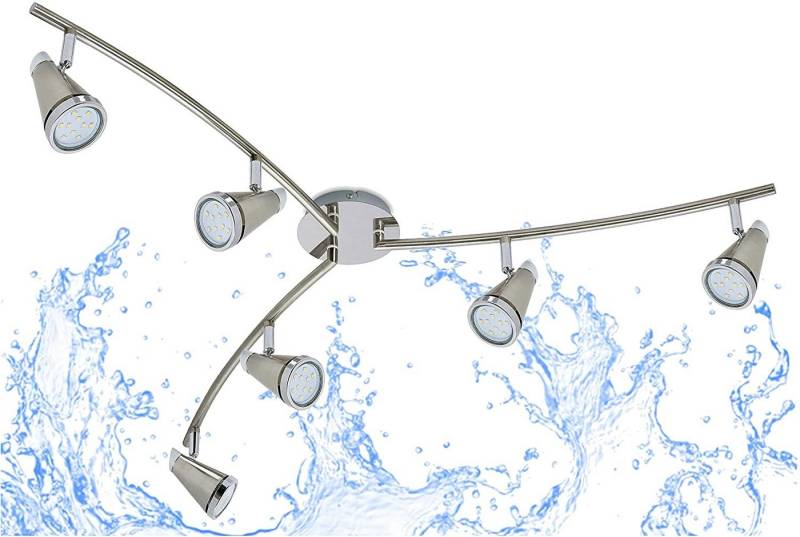 TRANGO LED Deckenleuchte, 6-flammig 1009-62 LED Badleuchte IP44 WET Bad Deckenleuchte in Nickel matt & Chrom, Flurlampe, WC Lampe, Deckenlampe, Deckenstrahler inklusive 6x 5 W GU10 LED Leuchtmittel, Spots & Gelenke schwenkbar-drehbar von TRANGO