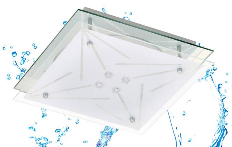 TRANGO LED Deckenleuchte, Dimmfunktion, 3104 Feuchtraum IP44 LED Deckenstrahler 3-Stufen dimmbar für Badezimmer in Eckig *STAR* aus Metall mit Design Motive bedrückt Glas Lampenschirm - 12 Watt warmweiß LED Modul, Deckenlampe, Wandleuchte, Badlampe von TRANGO