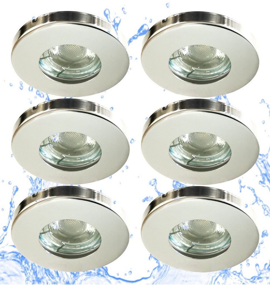 TRANGO LED Einbauleuchte, 3-Stufen dimmbar, 6er Set IP65 LED Einbaustrahler 6729IP65-068M6KSD aus Edelstahl poliert incl. 6x 5 Watt 6000K Tageslicht Weiß (kaltweiss) dimmbar Ultra Flach LED Modul für Bad, Dusche, Einbauspots, Deckenstrahler, Deckenlamp von TRANGO