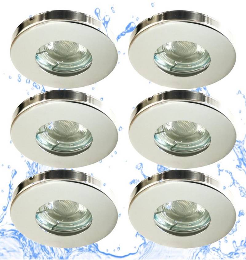 TRANGO LED Einbauleuchte, 3-Stufen dimmbar, 6er Set IP65 LED Einbaustrahler 6729IP65-068M6KSD aus Edelstahl poliert incl. 6x 5 Watt 6000K Tageslicht Weiß (kaltweiss) dimmbar Ultra Flach LED Modul für Bad, Dusche, Einbauspots, Deckenstrahler, Deckenlamp von TRANGO