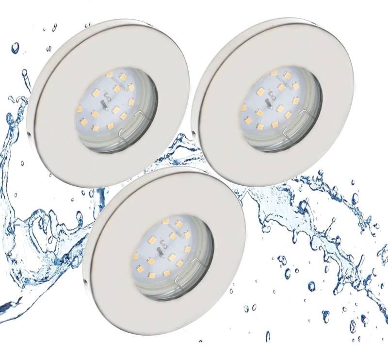 TRANGO LED Einbauleuchte, 3er Set 6729IP65-032MO LED Einbaustrahler IP65 aus Edelstahl gebürstet inkl. 3x 5 Watt 3000K warmweiß Ultra Flach LED Modul für Bad, Dusche, Einbauspots, Deckenstrahler, Deckenlampe, Badleuchte von TRANGO