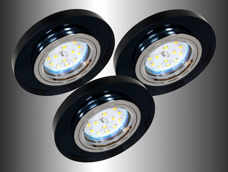TRANGO LED Einbauleuchte, 6736R-03G6KSDAK 3er Set *BLACK CRYSTAL* LED Deckenstrahler in Rund aus Schwarzglas (Handgeschliffen) & Alu inkl. 3x 3-Stufen dimmbar GU10 LED Leuchtmittel 6000K Tageslichtweiß, Einbauleuchte, Einbauspot, Deckenleuchte, Deckenspots von TRANGO
