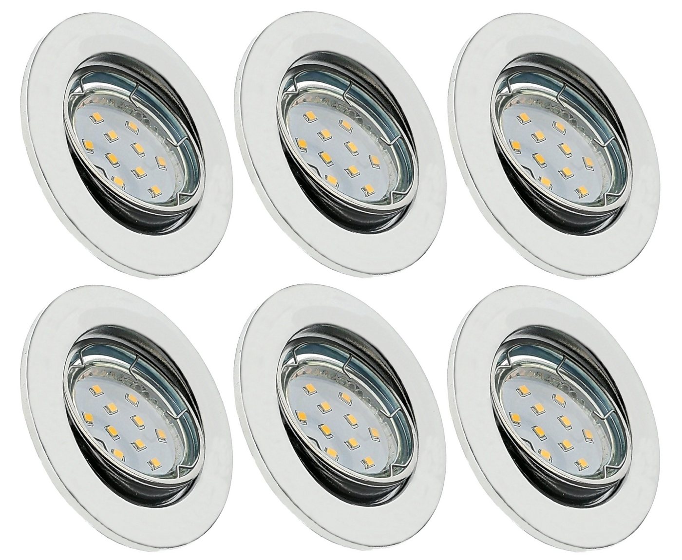 TRANGO LED Einbauleuchte, 6er Set 6729-068-5WAK IP23 LED Einbaustrahler Chrom inkl. 6x 5 Watt GU10 LED Leuchtmittel 3000K warmweiß & GU10 Fassung, Badleuchte, Deckenleuchte, Deckenstrahler von TRANGO