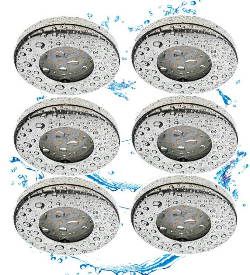 TRANGO LED Einbauleuchte, 6er Set 6729IP-068-5WAK IP44 Einbaustrahler Edelstahl Chrom inkl. 6x 5 Watt GU10 LED Leuchtmittel 3000K warmweiß & GU10 Fassung, Außen, Einbauleuchte, Badleuchte, Deckenleuchte, Deckenstrahler von TRANGO