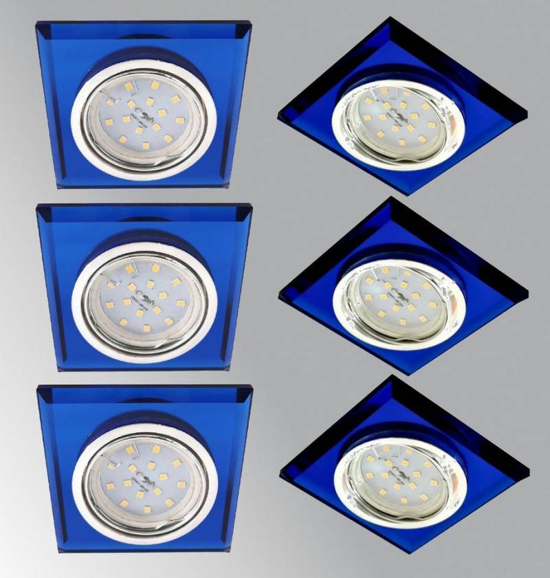 TRANGO LED Einbauleuchte, 6er Set 6736B-06GUSD-AK *BLUE CRYSTAL* LED Deckenstrahler aus Echtglas (handgeschliffen) & Alu inkl. 6x 3-Stufen dimmbar GU10 LED Leuchtmittel 3000K warmweiß, Einbauspot, Deckenleuchte, Einbaustrahler von TRANGO