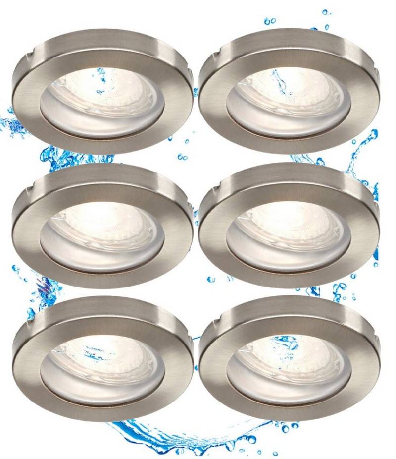 TRANGO LED Einbaustrahler, 6729IP-062MOSD 6er Set IP44 LED Badeinbaustrahler aus Edelstahl gebürstet in Rund incl. 6x Ultra flach 3 Stufen dimmbar LED Modul nur 3cm Einbautiefe für Bad, Außen, Deckenstrahler, Einbauspot von TRANGO