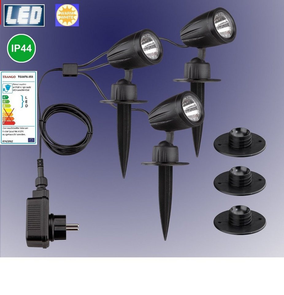 TRANGO LED Gartenstrahler, 3-flammig 3076-353 IP44 LED Gartenlampe mit Timerfunktion *JOE* Außenleuchte inkl. 3x LED Modul Leuchtmittel 3000K warmweiß & Zuleitungskabel, warmweiß, Teichlampe, Gartenleuchte, Wegbeleuchtung, Wandleuchte von TRANGO