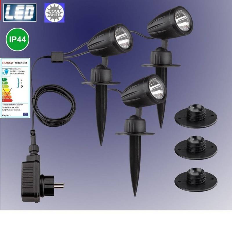 TRANGO LED Gartenstrahler, 3-flammig 3076-356 IP44 LED Gartenstrahler mit Timerfunktion *JOE* Außenleuchte inkl. 3x LED Modul Leuchtmittel 6000K Tageslichtweiß & Zuleitungskabel, Teichlampe, Gartenleuchte, Wegbeleuchtung, Wandleuchte von TRANGO