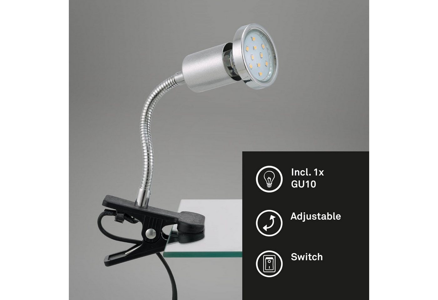 TRANGO LED Klemmleuchte, 2967 LED-Klemmleuchte, Tischlampe, Leseleuchte, Clip Lampe in Silber-Chrom-Optik Klemmspot, Nachtlicht, Schreibtischlampe inkl. 1x 3 Watt GU10, 3000K warmweiß LED-Leuchtmittel & Deko Chrom-Ring von TRANGO