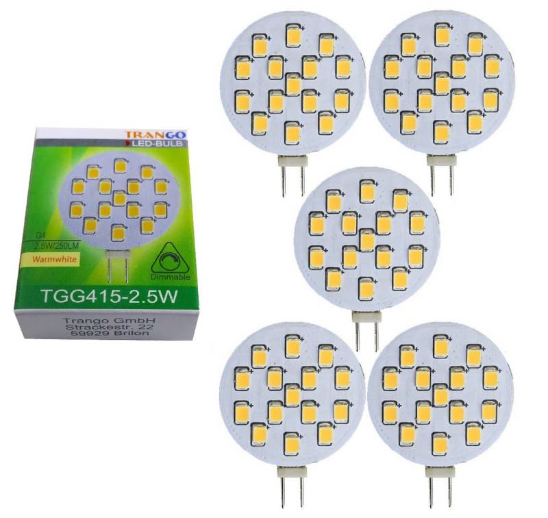 TRANGO LED-Leuchtmittel, 5er Pack G415-2.5/5 LED Leuchtmittel G4 Fassung zum Austausch G4 MR16 Halogen Leuchtmittel 12Volt AC/DC - 2.5 Watt 250 Lumen 3000K warmweiß Möbel Einbaustrahler, 5 St., Schrank Einbauleuchte, Deckenleuchte von TRANGO
