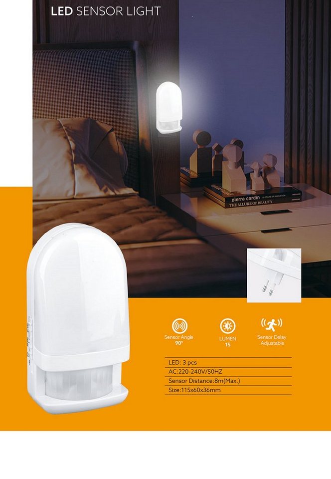 TRANGO LED Nachtlicht, Bewegungsmelder, 11-038 LED Sensor Nachtlicht in Weiß mit Automatikfunktion direkt 230V mit Bewegungssensor, Sicherheitslicht, Steckdose Lampe, Wandlampe, Orientierungslicht Einschlafhilfe 3000K warmweiß von TRANGO