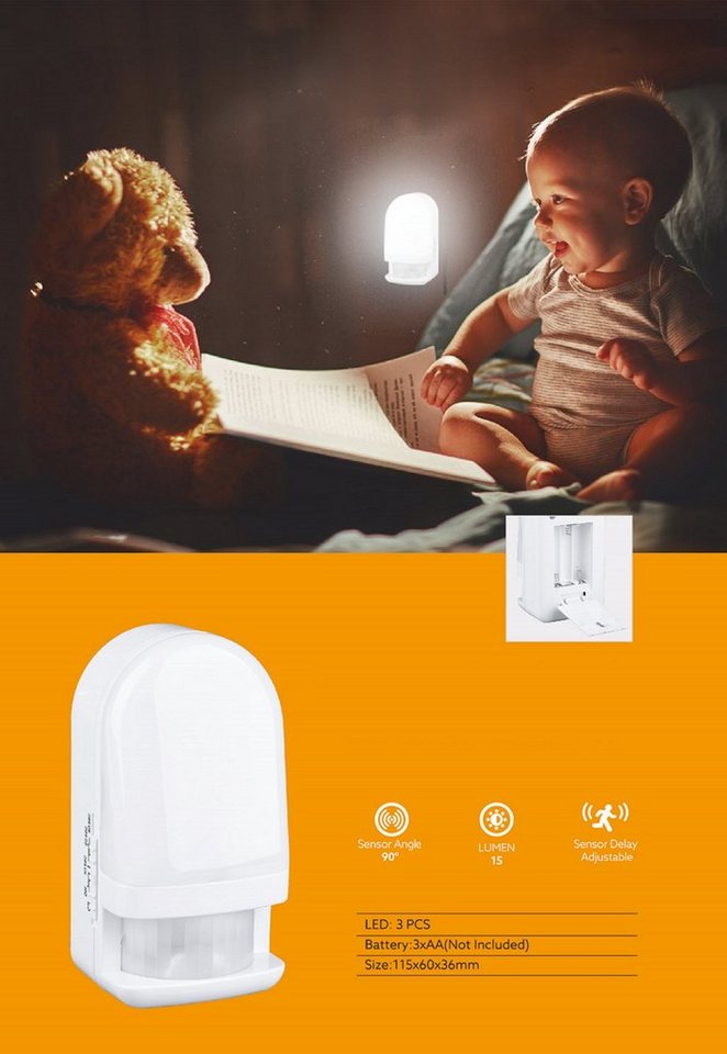 TRANGO LED Nachtlicht, Bewegungsmelder, 11-039 LED Sensor Nachtlicht in Weiß mit Automatikfunktion I Betrieb mit 3x AA Batterie (nicht enthalten) mit Bewegungssensor, Tageslichtweiß, Sicherheitslicht, Orientierungslicht, Einschlafhilfe von TRANGO