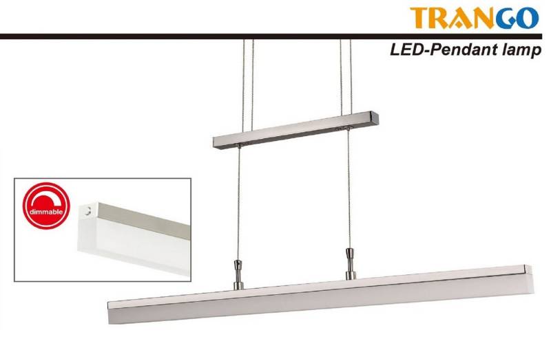TRANGO LED Pendelleuchte, 2014-012A Design stufenlos dimmbare & höhenverstellbar LED Pendelleuchte in Edelstahl-Optik ca. 850mm Lang inkl. 1x 20 Watt LED Modul 3000K warmweiß *WOW* Esstischleuchte - Hängelampe - Deckenleuchte, Wohnzimmerlampe mit satiniertem Acryl-Lampenschirm von TRANGO
