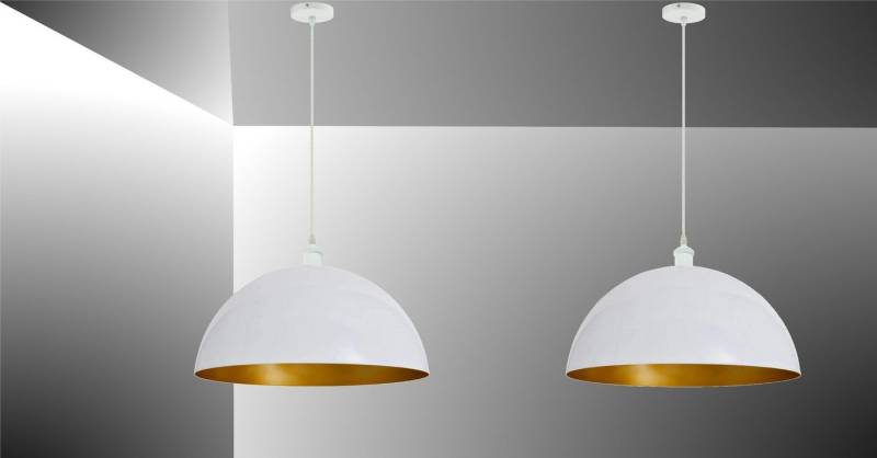 TRANGO LED Pendelleuchte, 2er Set 9001WL LED Retro Pendelleuchte Industrielle Vintage VINTOS D:360mm Pendellampe inkl. je 1x E27 LED Leuchtmittel - Retro Hängelampe, Deckenlampe Lampenschirm in Weiß-Gold von TRANGO