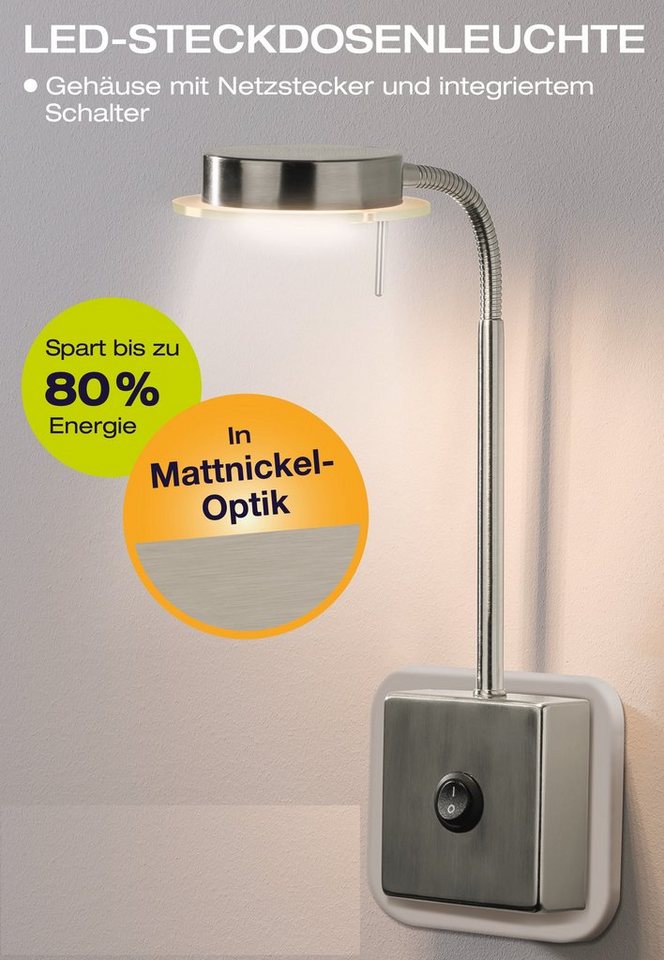 TRANGO LED Steckdosenleuchte, 2605 LED Steckerleuchte, Wandleuchte, Leselampe, Küchenlampe, Nachtlicht in Nickel matt inkl. 5 Watt LED Modul warmweiß 3000K Leuchtmittel, Wandlampe, Küchenlampe von TRANGO