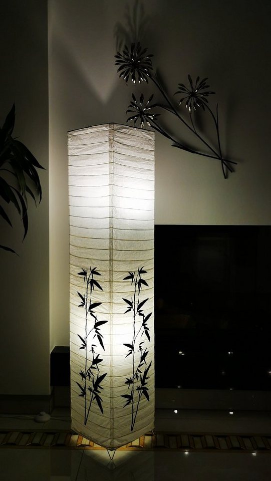 TRANGO LED Stehlampe, 1216L Modern Design LED Standlampe *KOREA* Reispapierlampe *HANDMADE* mit Bambus Motiv inkl. 2x E14 LED Leuchtmittel I Form: eckig I Höhe: ca. 125cm, Wohnraumlampe I Stehleuchte I Reispapier von TRANGO