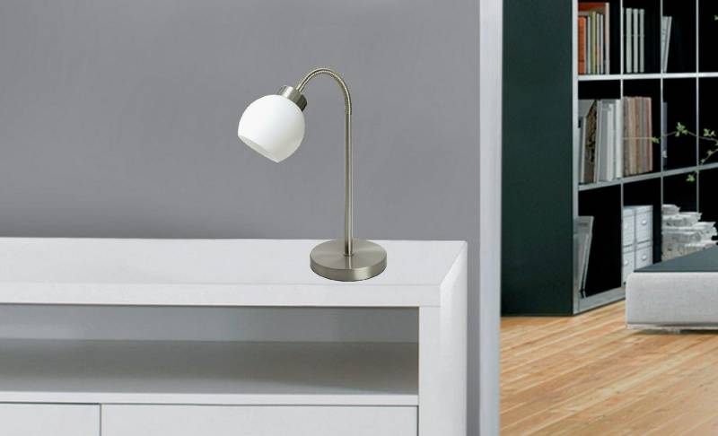 TRANGO LED Tischleuchte, 2017-00 LED Schreibtischlampe in Nickel matt mit satinierte Glasschirm *NEW JERSEY* Tischleuchte, Nachttischlampe, Fensterbankleuchte, inkl. 1x 4.5 Watt LED Modul Leuchtmittel 3000K warmweiß von TRANGO