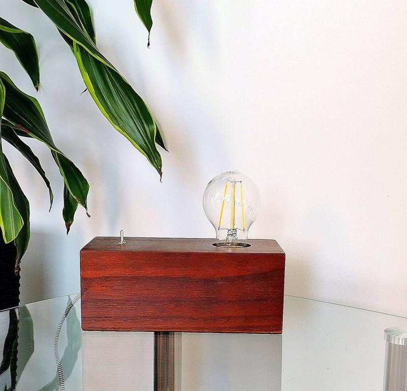 TRANGO LED Tischleuchte, 2020M-8W Tischleuchte *WOODY* Nachttischlampe Holz Mahagoni-Optik im Landhaus Look Retro modern 200x100x80mm mit Schalter inkl. 8 Watt LED Leuchtmittel E27 warmweiß 3000K, Schreibtischlampe industriell, Wohnzimmerlampe von TRANGO