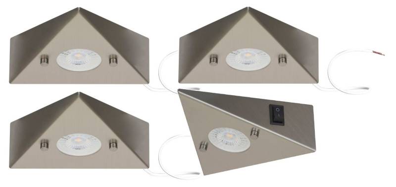 TRANGO LED Unterbauleuchte, 4er Set 6739-42 LED-Küchenunterbauleuchte *COOK* LED Einbauleuchte - Einbaustrahler aus Edelstahl inkl. 4x 4.8 Watt LED Modul 3000K warmweiß - direkt 230 Volt - beliebig erweiterbar, Schalter - Dreieckleuchte – Schrankleuchte von TRANGO