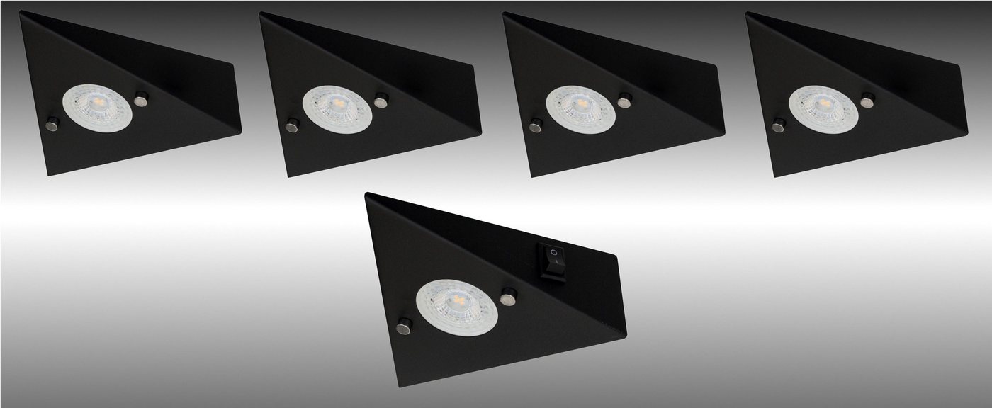 TRANGO LED Unterbauleuchte, 5er Set 6740-55 LED-Küchenunterbauleuchte aus Edelstahl in Matt-Schwarz *COOK* LED Einbauleuchte - Einbaustrahler inkl. 5x 4,8 Watt LED Modul 3000K warmweiß - direkt 230 Volt - beliebig erweiterbar, Schalter - Dreieckleuchte – Schrankleuchte von TRANGO